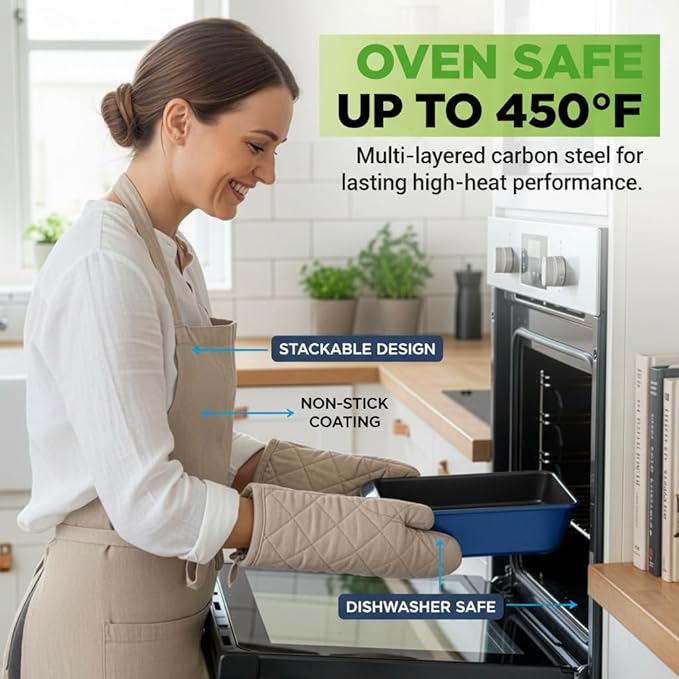 NutriChef 8-Piece Nonstick Stackable Bakeware Set - PFOA, PFOS, PTFE Free Baking Tray Set w/Non-Stick Coating, 450°F Oven Safe, Round Cake, Loaf, Muffin, Wide/Square Pans, Cookie Sheet (Blue)