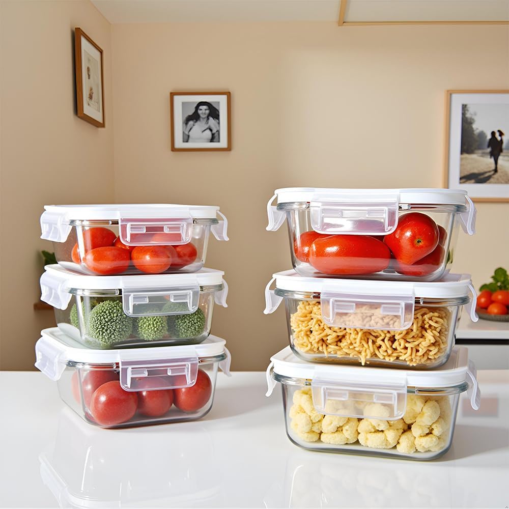 Square Glass Food Storage Containers, Small Square Storage Containers With Airtight Lids, 2Cup Glass Meal Prep Bowls, Leak-proof lunch Bowls, Dishwasher Microwave Freezer Safe -(White)