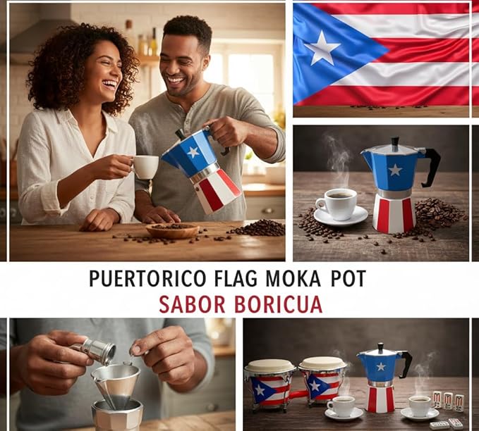 PRK 14 Puerto Rico Coffee Pot – Aluminum Moka Grecas Pot with Puerto Rican Flag Design | Traditional Stovetop Espresso Maker for Authentic Cafe Boricua 6 Cup