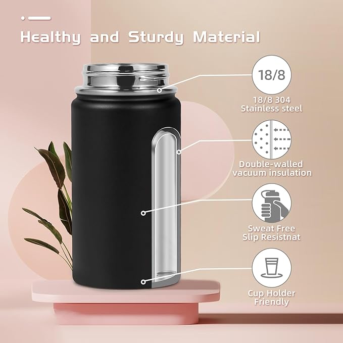 Volhoply 14oz KIds Water Bottle with Straw Lid and Silicone Boot Bulk 6 Pack,Stainless Steel Insulated Cups for Boys & Girls Multipack,Double Wall Vacuum Leakproof Bottles(Black,6)