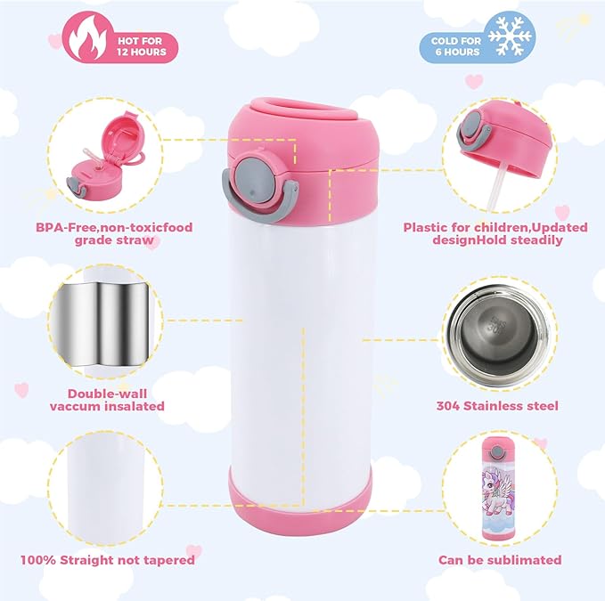 24 Pack 12 OZ Sublimation Straw Sippy Cup Spill Proof Blank Tumblers Mixed Color Stainless Steel Thermoses for Hot Drinks Bulk Double Wall Vacuum Insulated Water Bottle for School