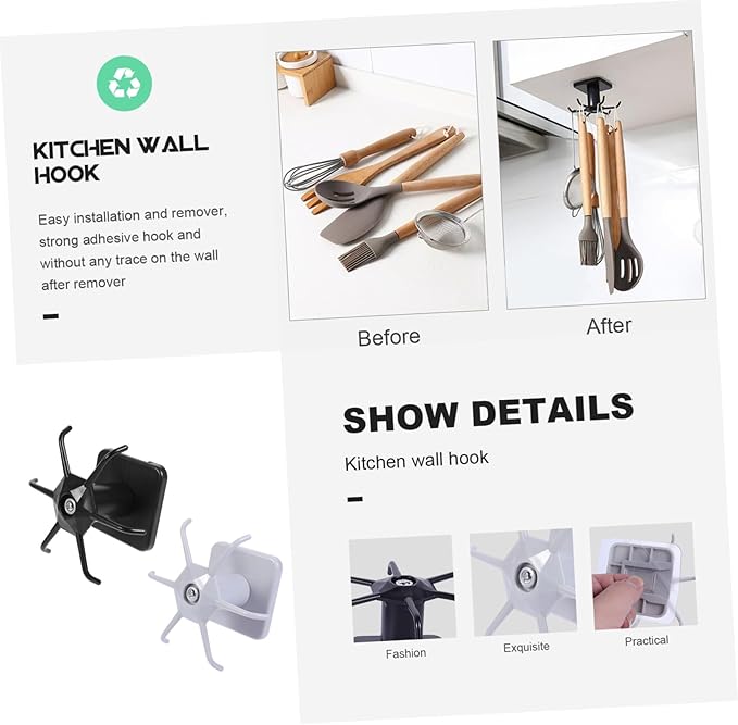 2pcs Wall Mounted Kitchen Utensil Hooks Set Punch Spatula and Spoon Organizer Rack with Space Saving Design Kitchen Spoon Hook Holder for Wall Storage Black and White