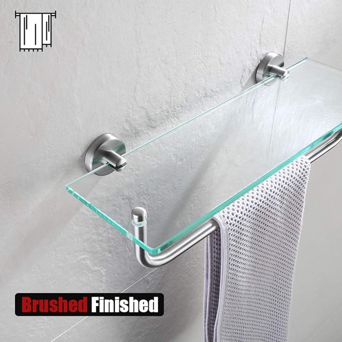 JQK Bathroom Glass Shelf, Shelf with 15 Inch Towel Bar Tempered Glass Shower Storage 16 by 5 inches, 304 Stainless Steel Brushed Finish Wall Mount, TGS100-BN