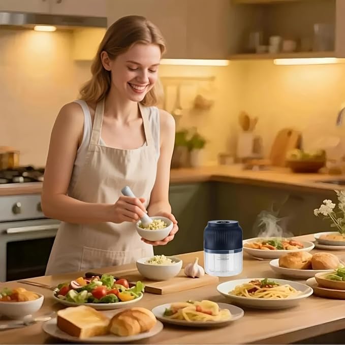 Electric Garlic Chopper,Mini Portable Veggie Cutter,Upgrade Electric Mini Garlic Chopper Set,Vegetable Chopper and Spiralizer with Container and Lid,USB Rechargeable (White)