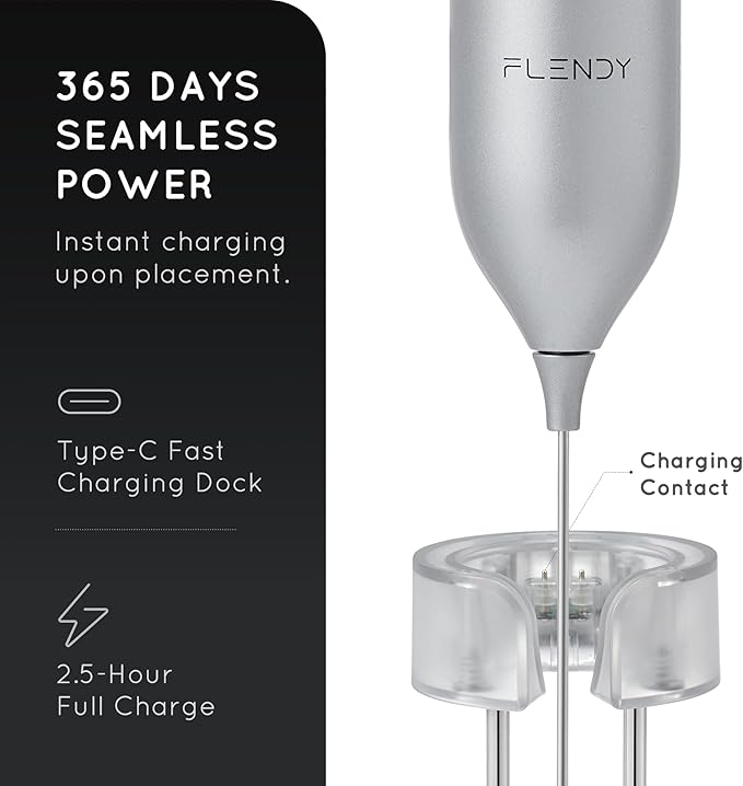 Flendy Rechargeable Milk Frother Handheld With USB-C Charging Stand, Electric Drink Mixer, Mini Whisk for Coffee, Matcha, etc