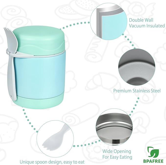 10oz Soup Thermo for Hot Food Kids,Lunch Thermo Kids Food Jar with Spoon Hot Insulated Food Containers,Leak Proof Stainless Steel Wide Mouth Lunch Thermo Jar for School(Mint-Green)