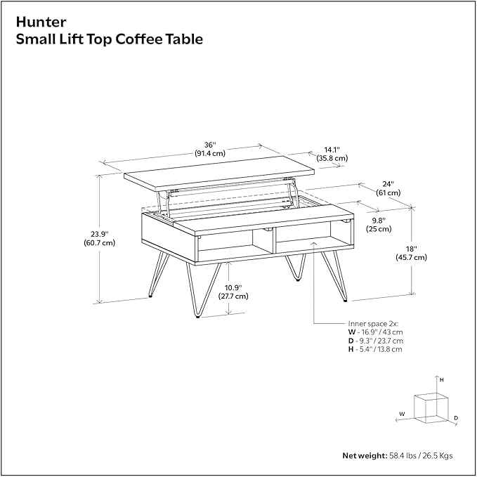 SIMPLIHOME Hunter Small Lift Top Coffee Table - 36 inch Wide Oak Veneer and Metal Industrial Cocktail Table in Oak, Living Room Table with Hidden Storage, 2 Cubbies, and Hairpin Legs