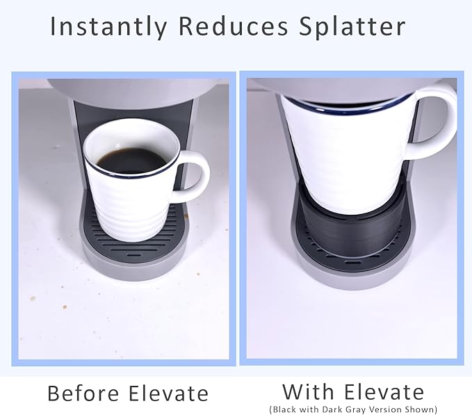 Elevate Anti-Splash Cup Riser Accessory for most Keurig K-cup, Cuisinart Single Serve, and other Coffee Makers, Adjustable for Cup Size and Drip Tray Type (Light Gray with Black Base)