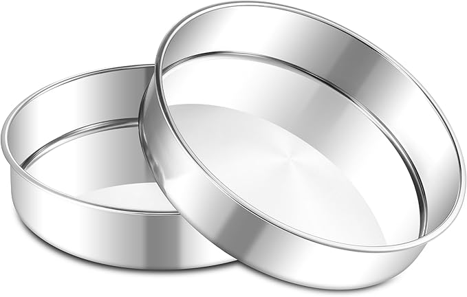 E-far 9 Inch Round Cake Pan, 2-Piece Stainless Steel Round Baking Mold Tins - Non-Toxic & Leak-Proof for Birthday Wedding Layer Tiered Cake, Easy Clean & Dishwasher Safe