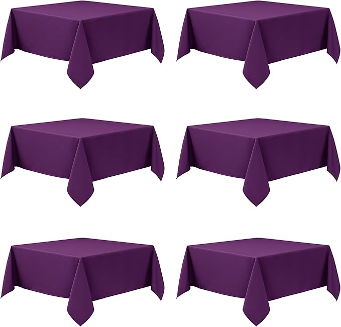 6-Pack Purple Tablecloths for Square Tables, 54 x 54 Inches, Stain-Resistant Polyester Fabric for 2 Foot Tables - Washable Table Covers for Weddings, Banquets, Birthday Parties, Events