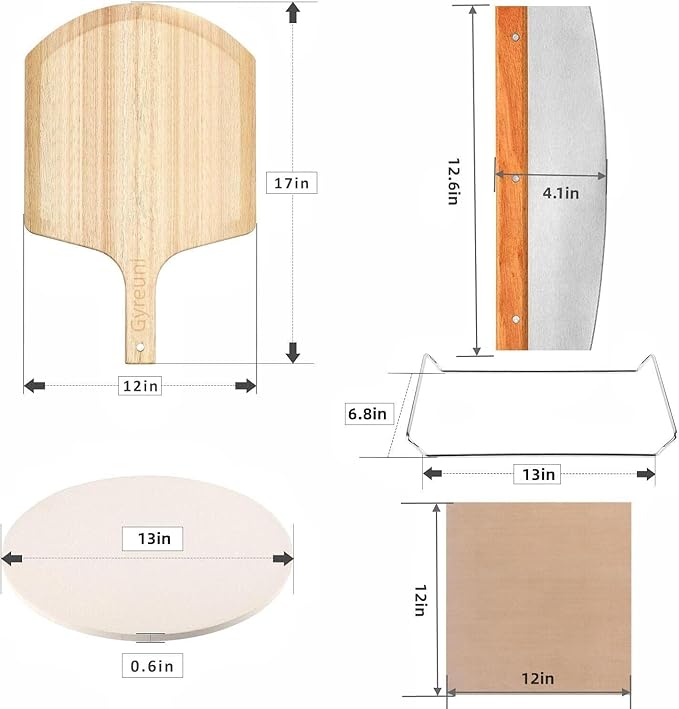 5 PCS Round Pizza Stone Set, 13" Pizza Stone for Oven and Grill with Pizza Peel(OAK),Serving Rack, Pizza Cutter & 10pcs Cooking Paper for Free, Baking Stone for Pizza, Bread (Pack of 2)