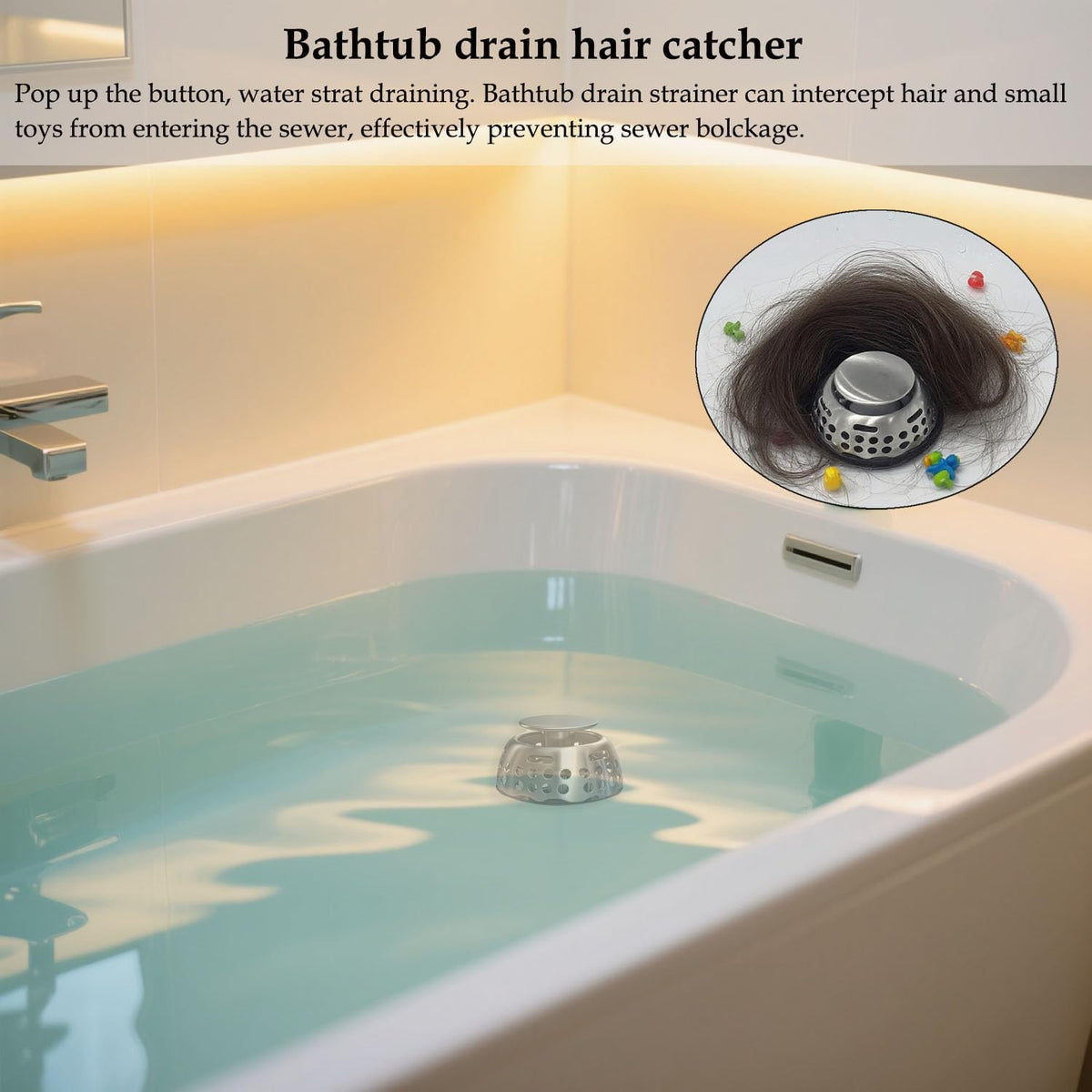 Bathtub Drain Stopper, Pop Up Tub Stopper with Strainer, Shower Drain Hair Catcher, Bath Tub Plug for 1.50"-1.75" Bath Drain Hole