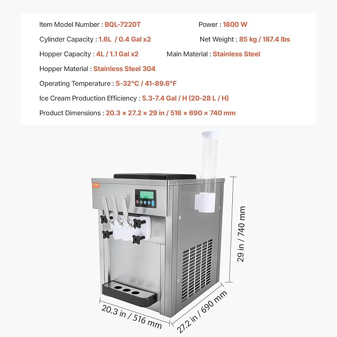 VEVOR Commercial Ice Cream Machine, 21 QT/H Soft Serve Ice Cream Maker with LCD Panel Auto Clean 3-Flavor Pre-cooling for Restaurant Snack Bar