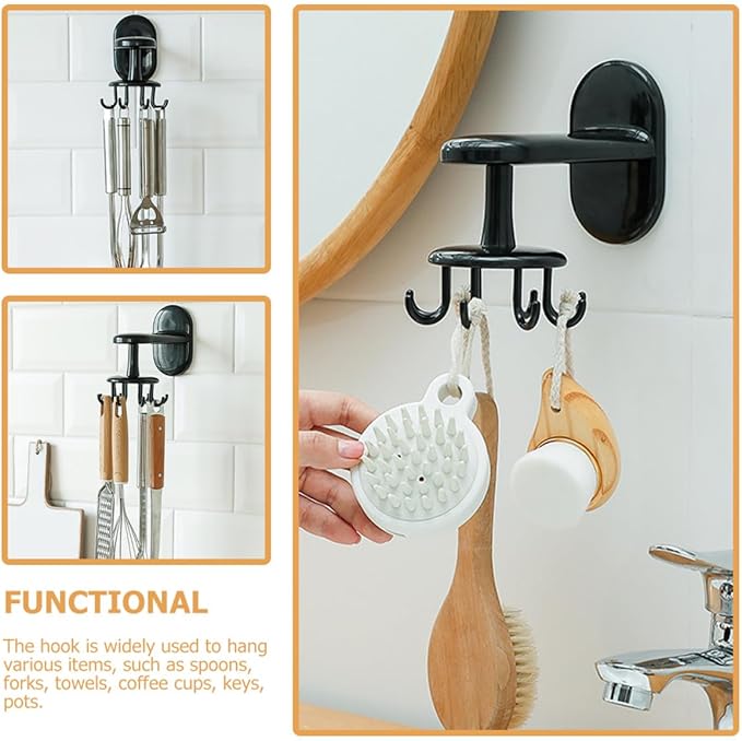 OUNONA Rotatable 8-Claw Adhesive Wall-Mounted Utensil Hook Black, Non-Punch Kitchen and Bathroom Hanging Organizer for Cooking Tools and Storage