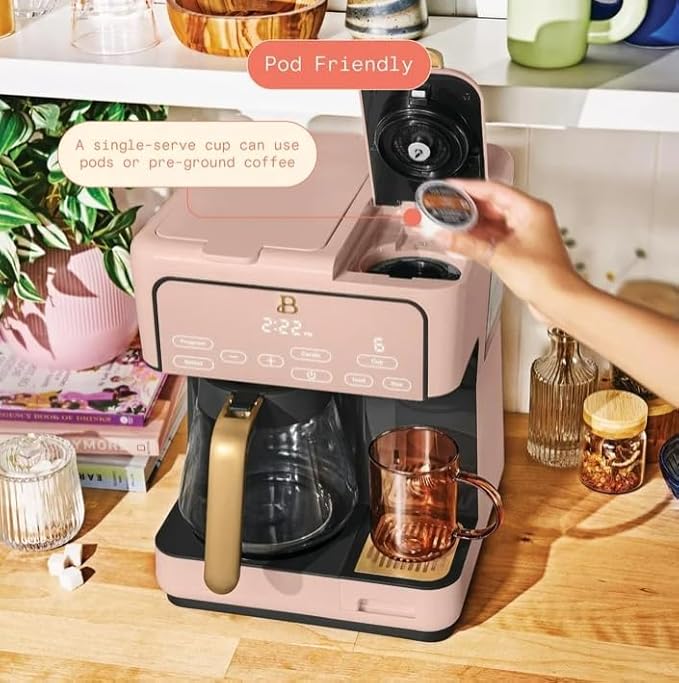 Beauti Multi Brew 12 Cup Programmable Drip & Single Serve Coffee Maker, Versatile Brewing (6oz, 8oz, 10oz, 12oz, 14oz), Pods or Ground, Over Ice option, Keep Warm mode (Rose)