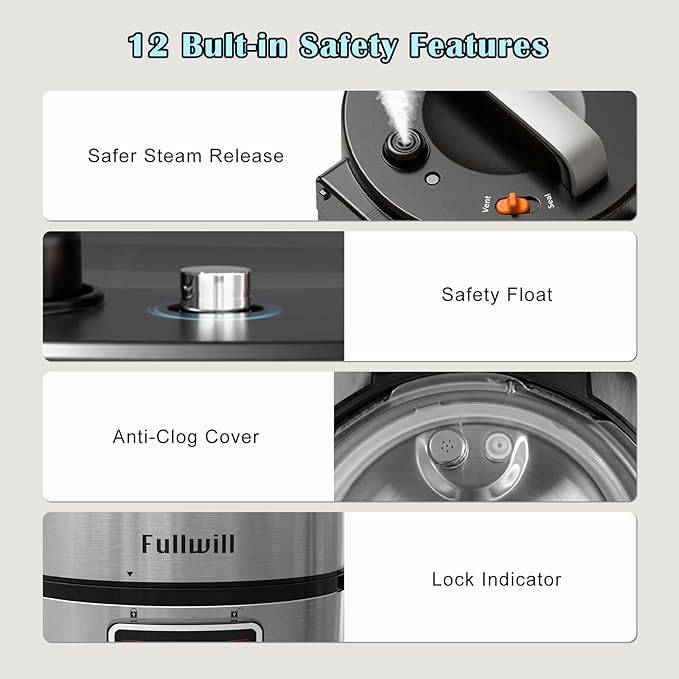 Fullwill 8QT Electric Pressure Cooker Max, 12-in-1 Multi-Use Programmable with Ceramic Non Stick Pot for Sauté,1200W Fast Cooking, Slow Cook, Steam, Yogurt, rice maker cooker,Family Meals & Gatherings
