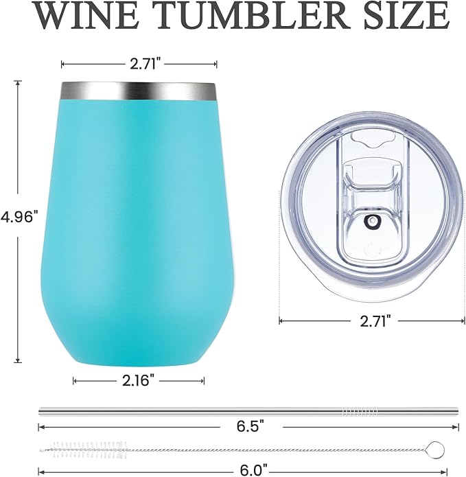 MEWAY Stemless 12oz Insulated Wine Tumbler with Lid and Straw - Double Wall Stainless Steel Thermal Cup for Hot and Cold Drinks, Ideal for Bridal and Baby Shower Game Prizes(Light Green,Set of 4)