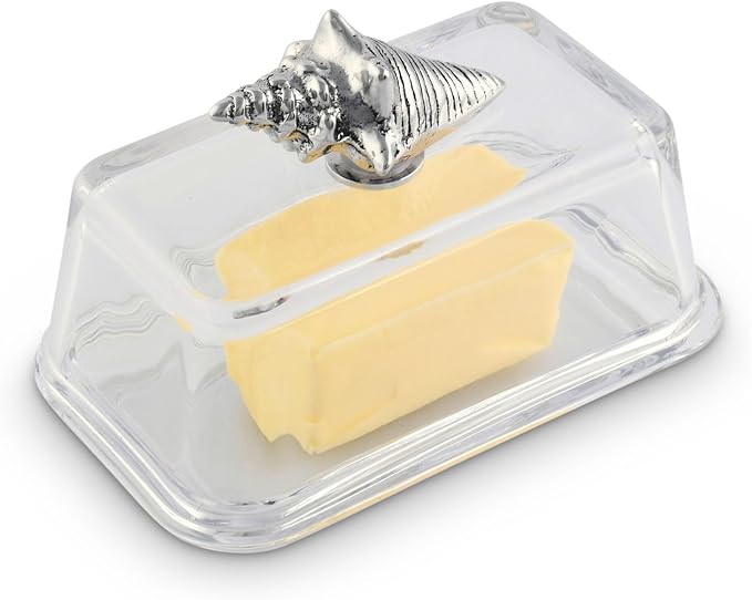 Arthur Court Glass Butter Dish with Lid Shell Knob | Classic 2-Piece Design Covered Butter Keeper | Covers and Holds a Standard Stick of Butter | Ocean / Seaside Décor
