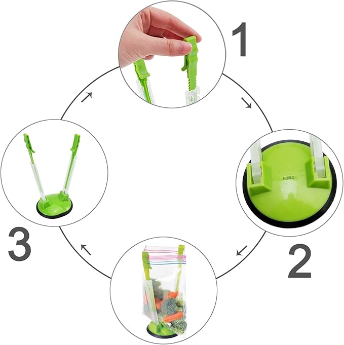 Baggy Rack Hands-Free Clip Food Storage Freezer Baggy Holder Pack 3 Green