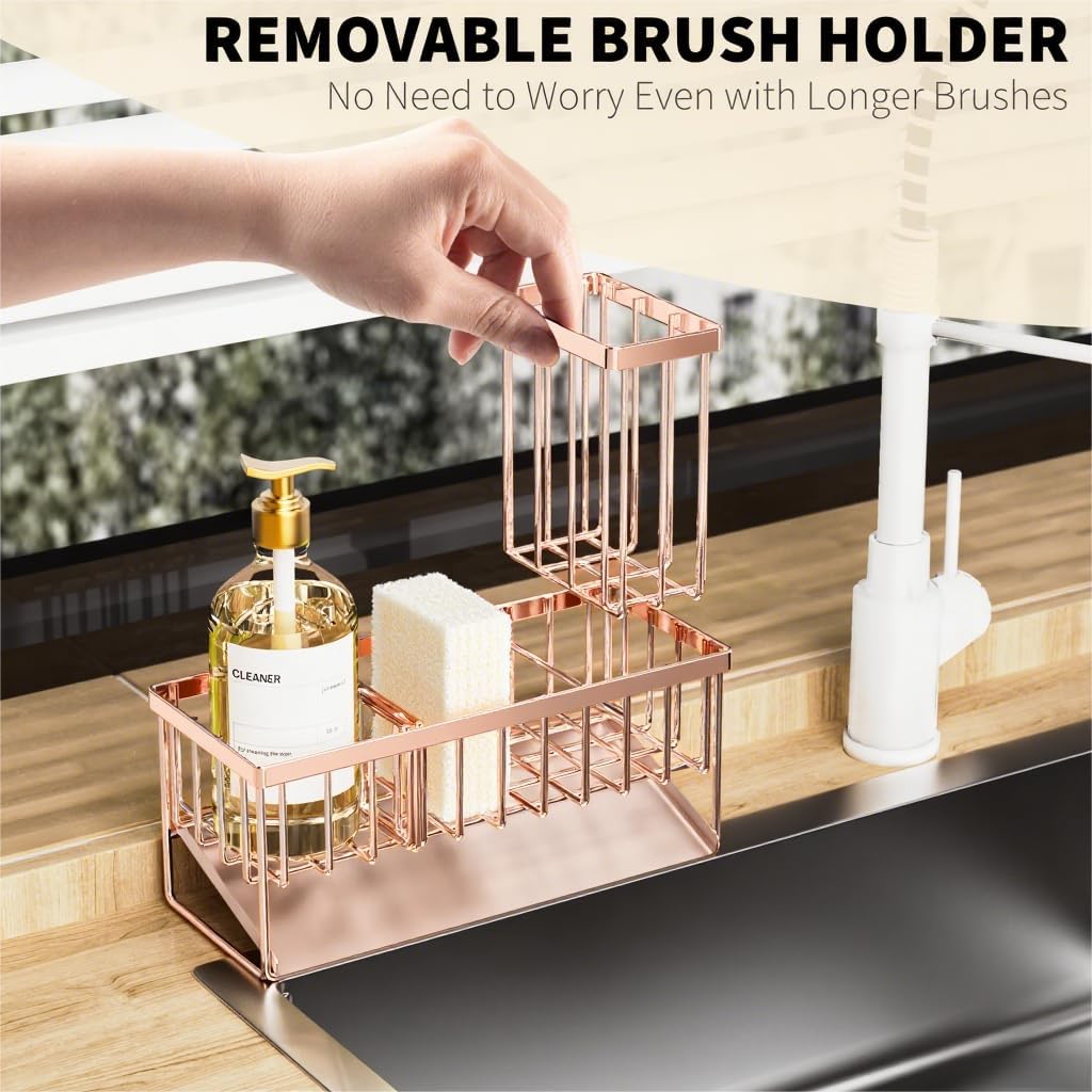 Cisily Sink Caddy Organzier with High Brush Holder, Sponge Holder for Sink, 304 Rustproof Stainless, Kitchen Countertop Soap Dispenser Organizer, Rose Gold Kitchen Decor and Accessories