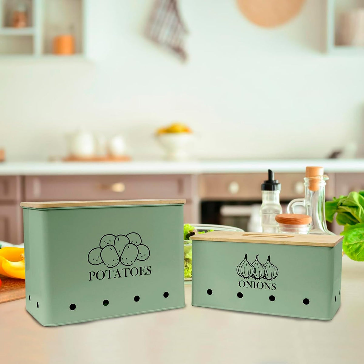 Potato Onion Storage Box, Food Container Sets, Storage Canisters for Vegeatables, Set of 2 Jars Pots Containers, Potato & Onion Bin with Aerating Tin Storage Holes & Bamboo Lid-Green