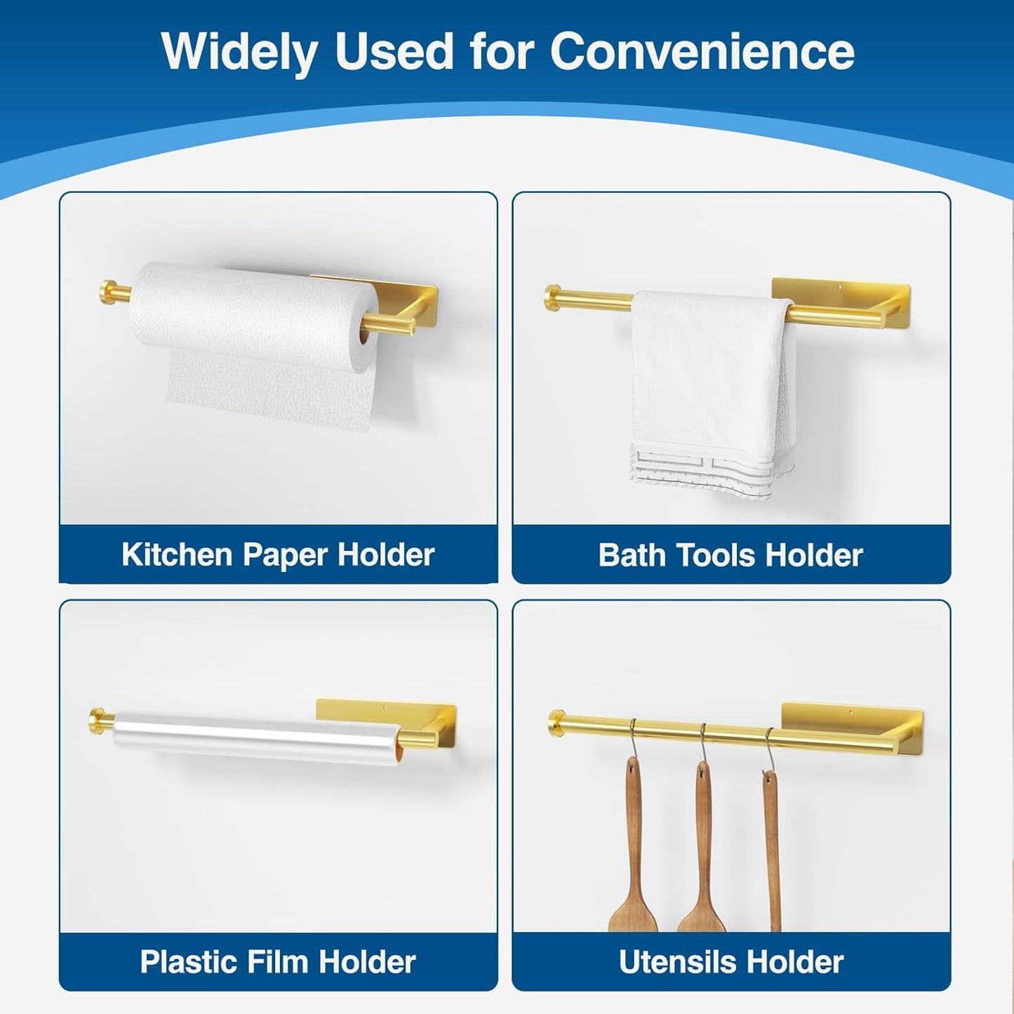Paper Towel Holder - Self-Adhesive or Drilling, Gold, Wall Mounted, SUS304 Stainless Steel Kitchen Roll Dispenser Under Cabinet