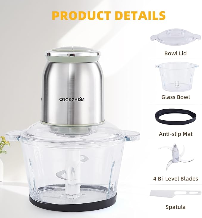 Silver Food Processor,500W Electric Meat Grinder with 8 Cup Glass Bowl and 4 Sharp Blades, Food Chopper & Vegetable Chopper for home use,Meat Processor, Vegetables, Fruits and Nuts