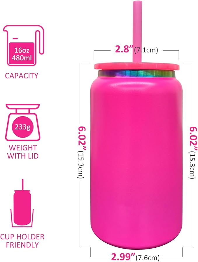 Glass Cups with Lids and Straws, 16 oz Stainless Steel Cups, Insulated Skinny Tumbler, Powder Coated Travel Mugs for Laser Engrave, Iced Coffee Cup for Smoothie Water DIY Gift (Rosy,1 pack)