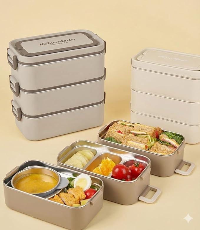 Bento Box Adult Lunch Box, Stackable 3-Layer 304 Stainless Steel for Adults, Office, 3L Capacity, Portable, Soup Bowl, Spoon & Fork, Metal Lunch Box, Tiffin (Brown)