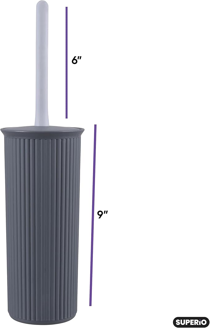 Decorative Plastic Toilet Bowl Brush and Holder Set, Grey (2 Pack) Cleaner Scrubber for Bathroom - Ribbed Design