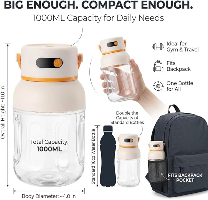 Portable Electric Juicer Cup Personal Size Blender for Smoothies & Shakes 33oz BPA-Free Bottle USB-C Rechargeable Leakproof Travel Lid Powerful Ice Crushing Mini Kitchen Gym Outdoor(1pc)