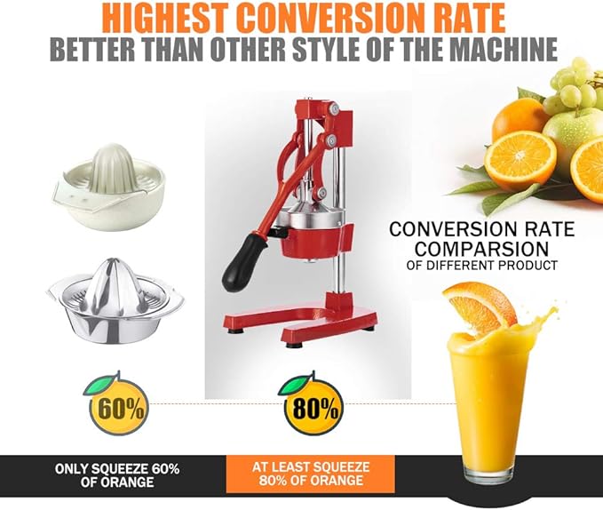 Commercial Heavy Duty Cast Iron Hand Press Manual Orange Citrus Lemon Lime Grapefruit Pomegranate Fruit Juice Squeezer Machine with Stainless Steel Cup Red