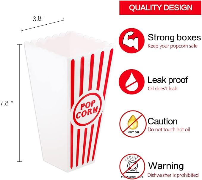 Novelty Place Plastic Red White Striped Classic Popcorn Containers for Movie Night - 7.8 inch Tall x 3.8 inch Square (4 Pack)