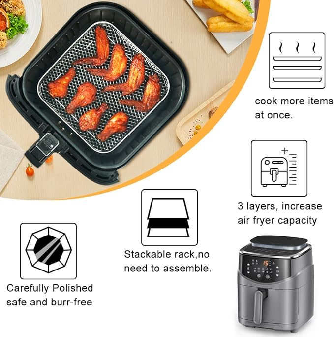 BYKITCHEN 8 inch Square Air Fryer Rack, 3pcs Stackable Stainless Steel Dehydrator Rack with Silicon Feet, Square Air Fryer Accessories for Cosori, Instant Vortex, Ninja Pro XL 6.5 QT AF181 & More