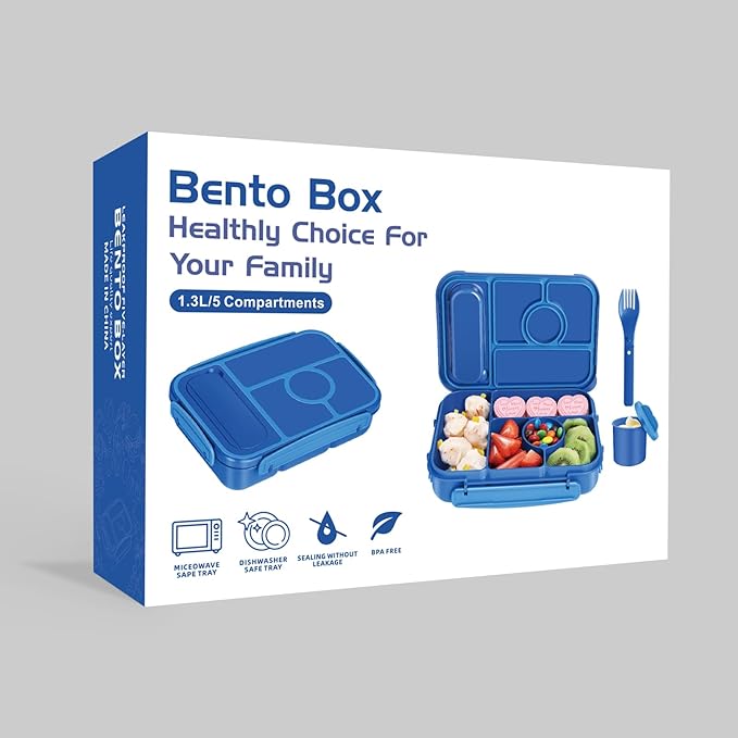Amathley Bento Box Adult Lunch Box Kids,Lunch Containers for Adults/Kids/Toddler,5 Compartments Bento Lunch Box with Sauce Vontainers,Microwave & Dishwasher & Freezer Safe,BPA-Free (Navy)