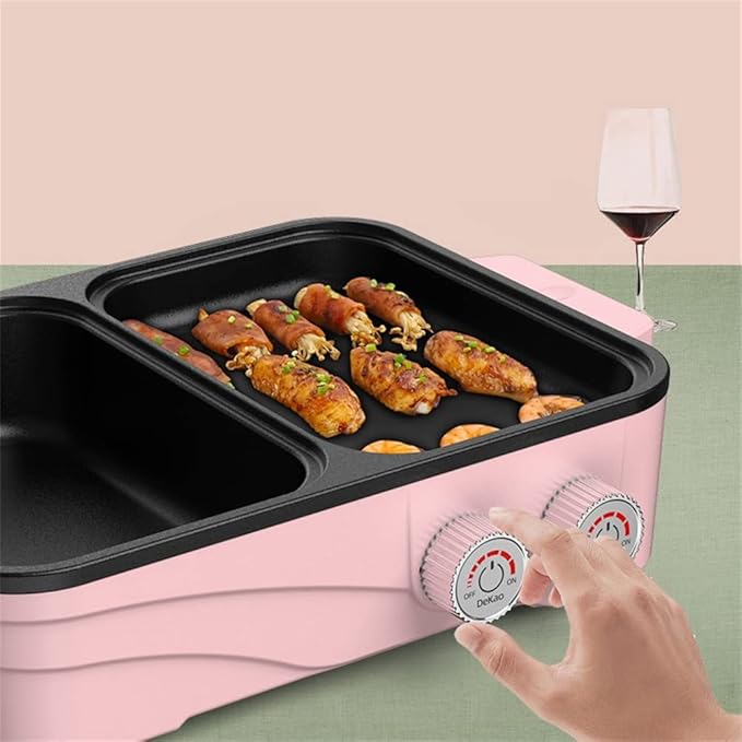 Electric Grill Indoor Hot Pot with Glass Lid & Removable Non-Stick Grill Plate,Separate Dual Temperature Contral, for 2-8 People Family Gathering Friend Meeting Party (pink)