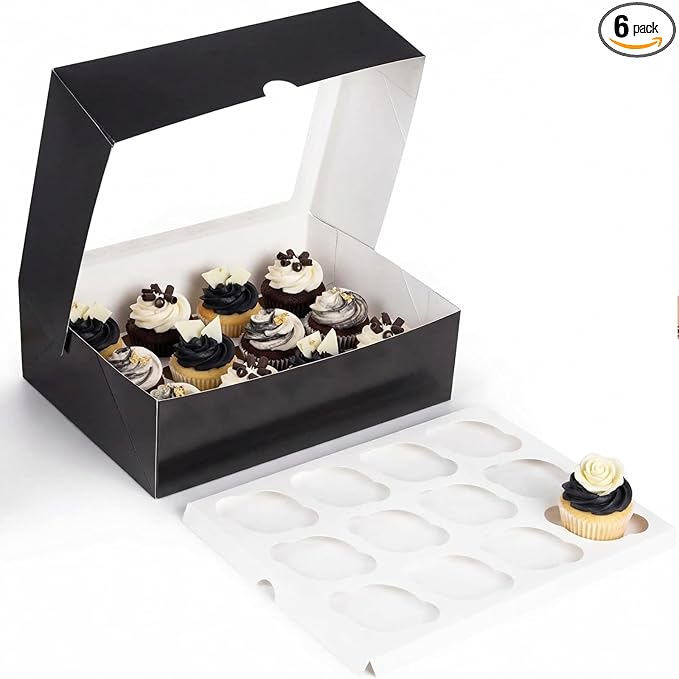 VGOODALL 12 Count Cupcake Boxes, 6PCS Cupcake Containers with Window Black Pastry Boxes for Birthday Holiday Party Bakery Supplies