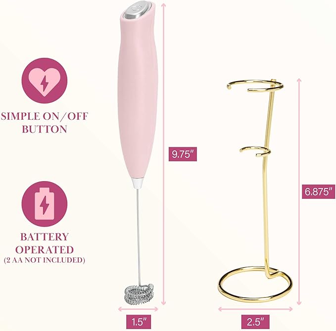 Paris Hilton Electric Handheld Milk Frother with Double Coil Head Whisk and Gold Metal Stand, Battery Powered (2 AA Batteries Required but Not Included), Pink
