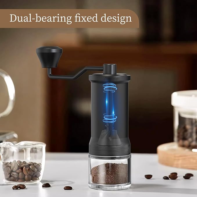 Stainless Steel Burr Hand Coffee Grinder by ELMWAY - Durable Manual Coffee Grinder with Glass Jar, Adjustable Grind Setting, Portable for Travel & Home, Gifts for Coffee Lovers - Black