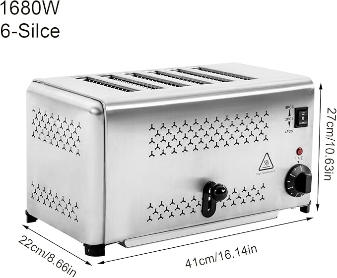 Stainless Steel 6 Slice Toaster, Electric Bread Baking Machine Commercial Toaster with Crumb Tray and Timer Bread Toasters for Home Kitchen Restaurant Bakery (3 Modes/1650W)