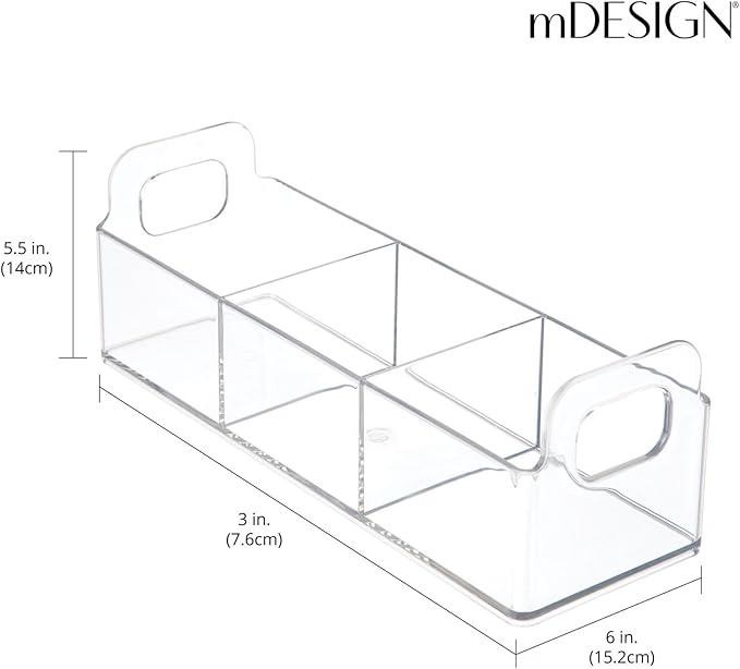 mDesign Plastic Condiment Organizer and Tea Bag Holder - 9" Long Kitchen Pantry/Countertop Storage Caddy - Divided Chip, Snack, Granola, Oatmeal Packet Holder - Lumiere Collection - 4 Pack - Clear