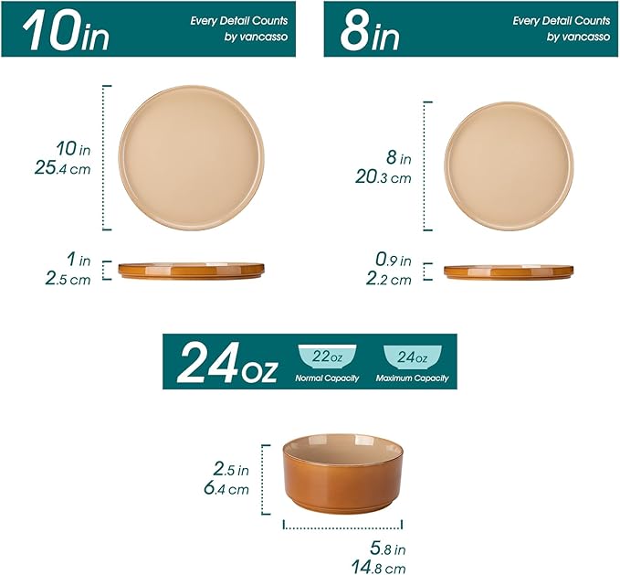 vancasso ONION Ceramic Plates and Bowls Sets, 18 Pieces Brown Dinnerware Sets for Kitchen, Reactive Glaze Dishes Set for 6, Dishwasher and Microwave Safe