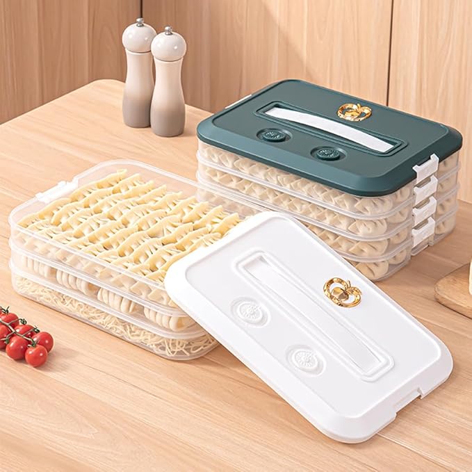 Food Storage Containers with Lids, Plastic Cookie Storage Containers Airtight, 4-Layer Stackable Food Containers Dumpling Storage Box, White