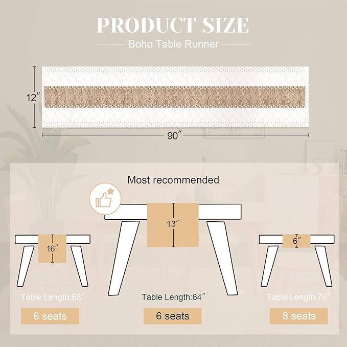 FEXIA Boho Table Runner for Home Decor with Out Tassels 90 Inches Long Farmhouse Rustic Table Runner Macrame Burlap Table Decoration for Living Room Bridal Shower(12x90 Inches)