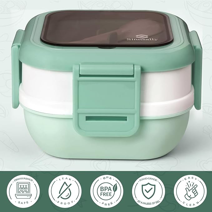 Sinnsally Bento Box Adult Lunch Box with Stainless Steel Container,Metal Lunchable Food Storage Container with Sauce Jar (Khaki Green)