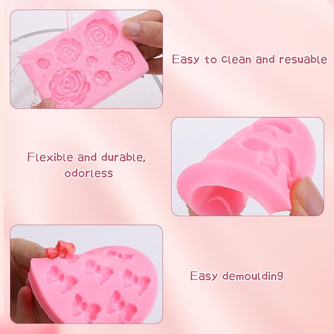 Pimoys 4 Pcs Flower&Bow Molds for Chocolate, Flower Chocolate Molds Silicone Cake Mold Bow Candy Mold Silicone for Wax Melts Birthday Cake Decoration Easter Gifts for Women