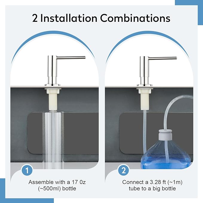 Kitchen Sink Soap Dispenser with 17 OZ Bottle and 40" Extension Tube Kit, Stainless Steel Built-in Soap Dispenser for Kitchen Sink or Countertop, In or Under Sink Installation, Polished Chrome