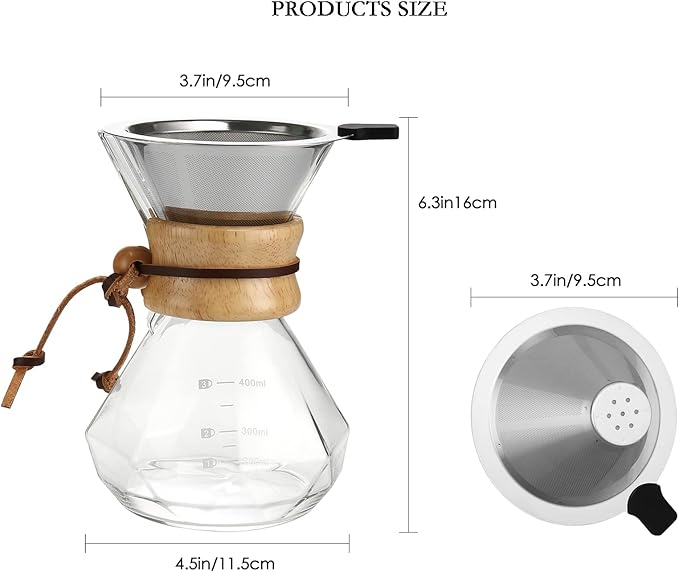 Lalord Pour Over Coffee Maker with Stainless Steel Filter, Borosilicate Glass Coffee Carafe, Modern Wooden Collar, Coffee Maker Carafe, Hold 2 Cups, 400 ml/13.5 oz, Clear
