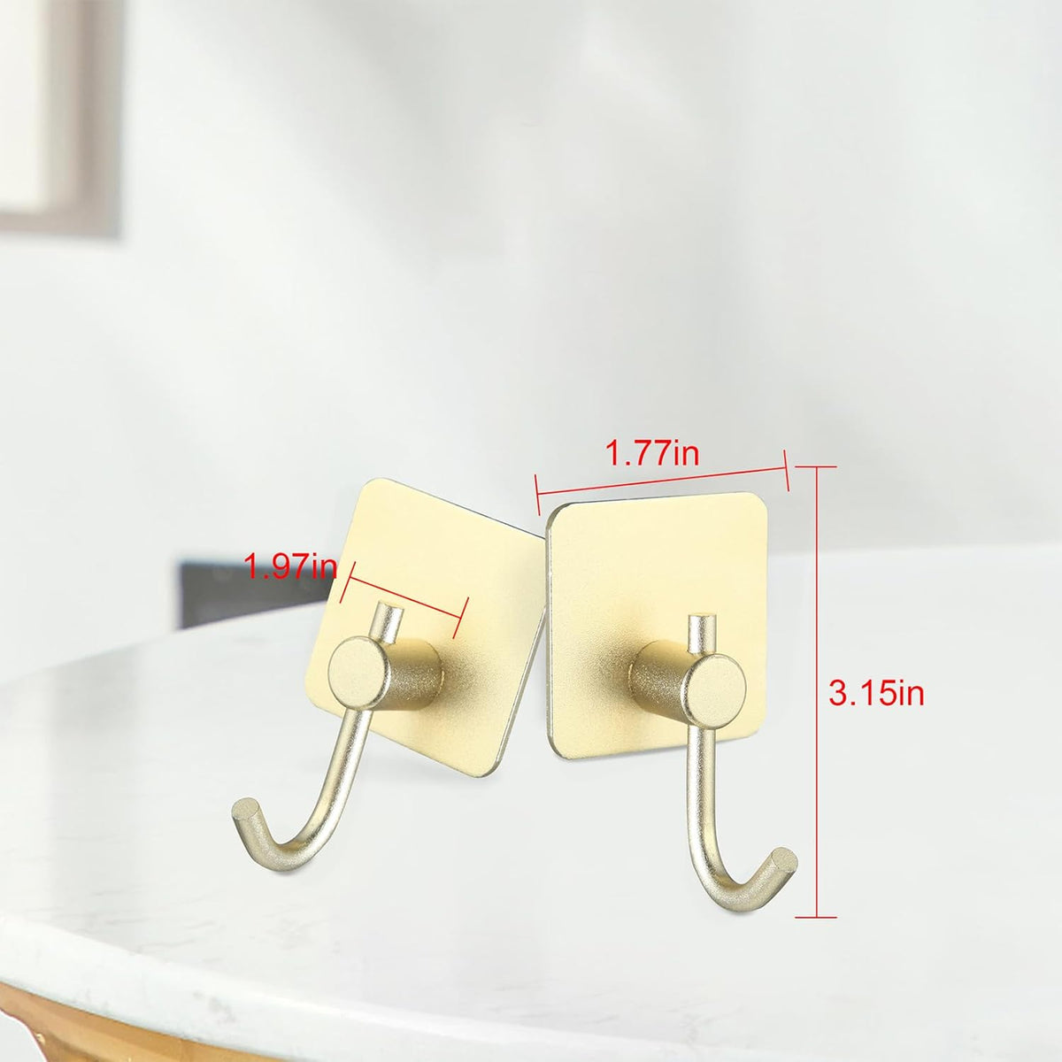 Aluminum Wall Hooks, No Drill Damage-Free Adhesive Hook, Product for Hanging Heavy Duty for Bathroom Kitchen Home (Curved Square Gold Hook, 4)