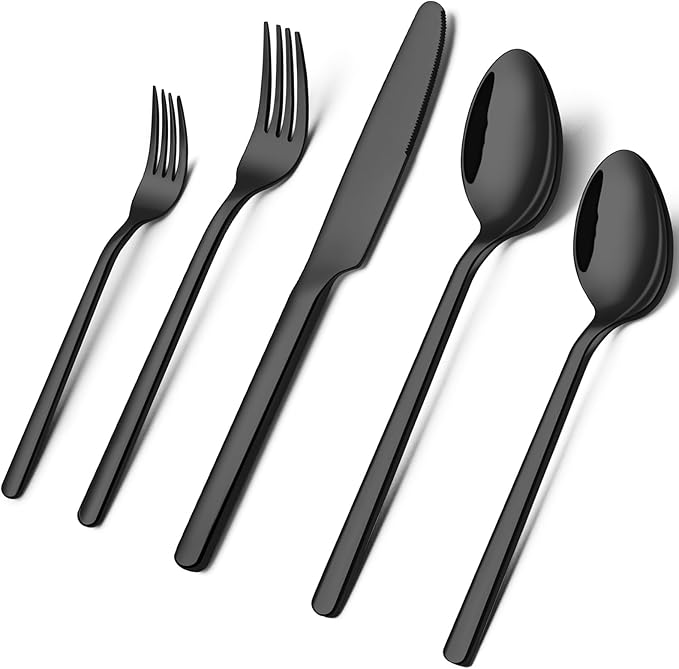 KINGSTONE Black Silverware Set, 40 Piece Flatware Set for 8, 18/10 Stainless steel Cutlery Set for Home Kitchen and Restaurant
